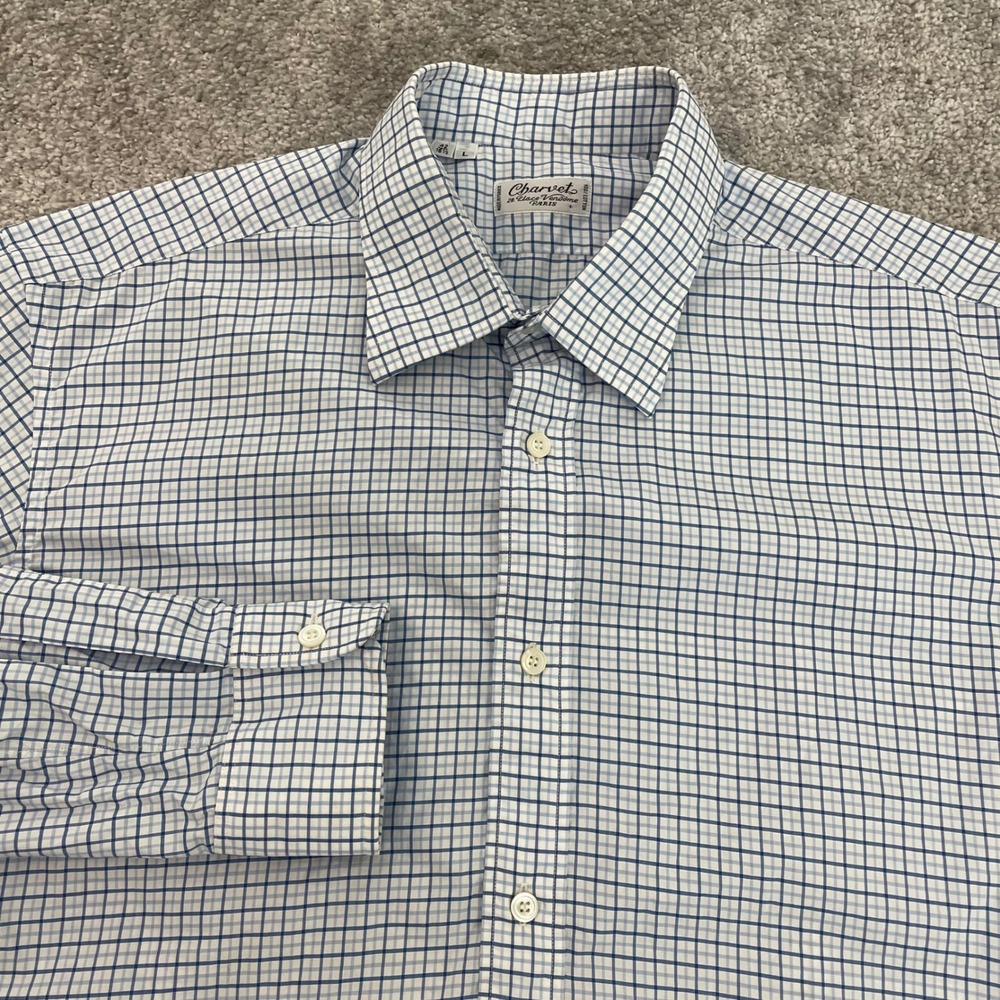Charvet Dress Shirt Mens Large Button Up 16.5 42 Place Vendome Blue White Check